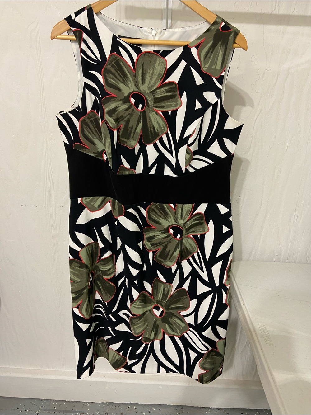 I.N. Studio Black & White Floral Midi Dress with Olive Accents